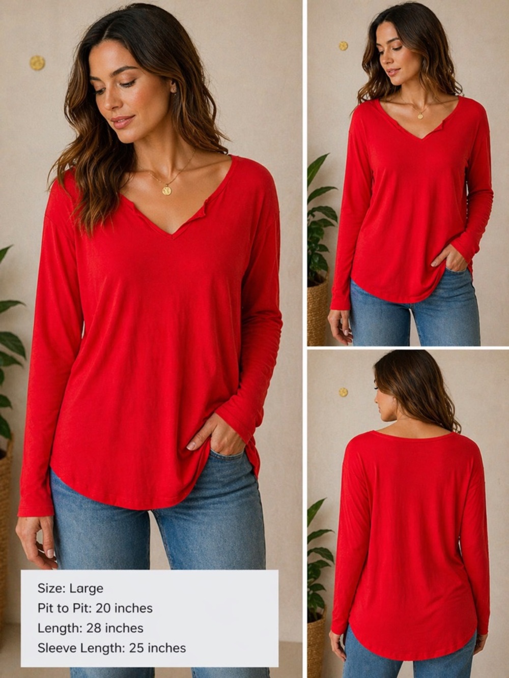 Red V-Neck Long Sleeve Top – Size Large, Soft & Flowy Fit